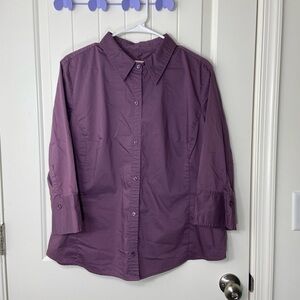 NWOT Merona women’s medium purple 3/4 sleeve full button down front collar shirt